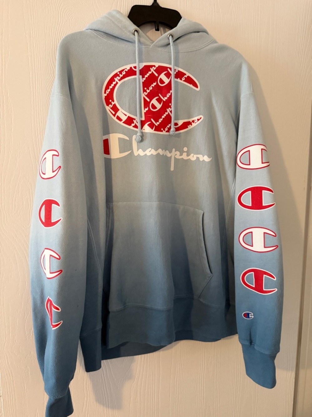 Champion White Reverse Weave Hoodie with Black Logo Detail